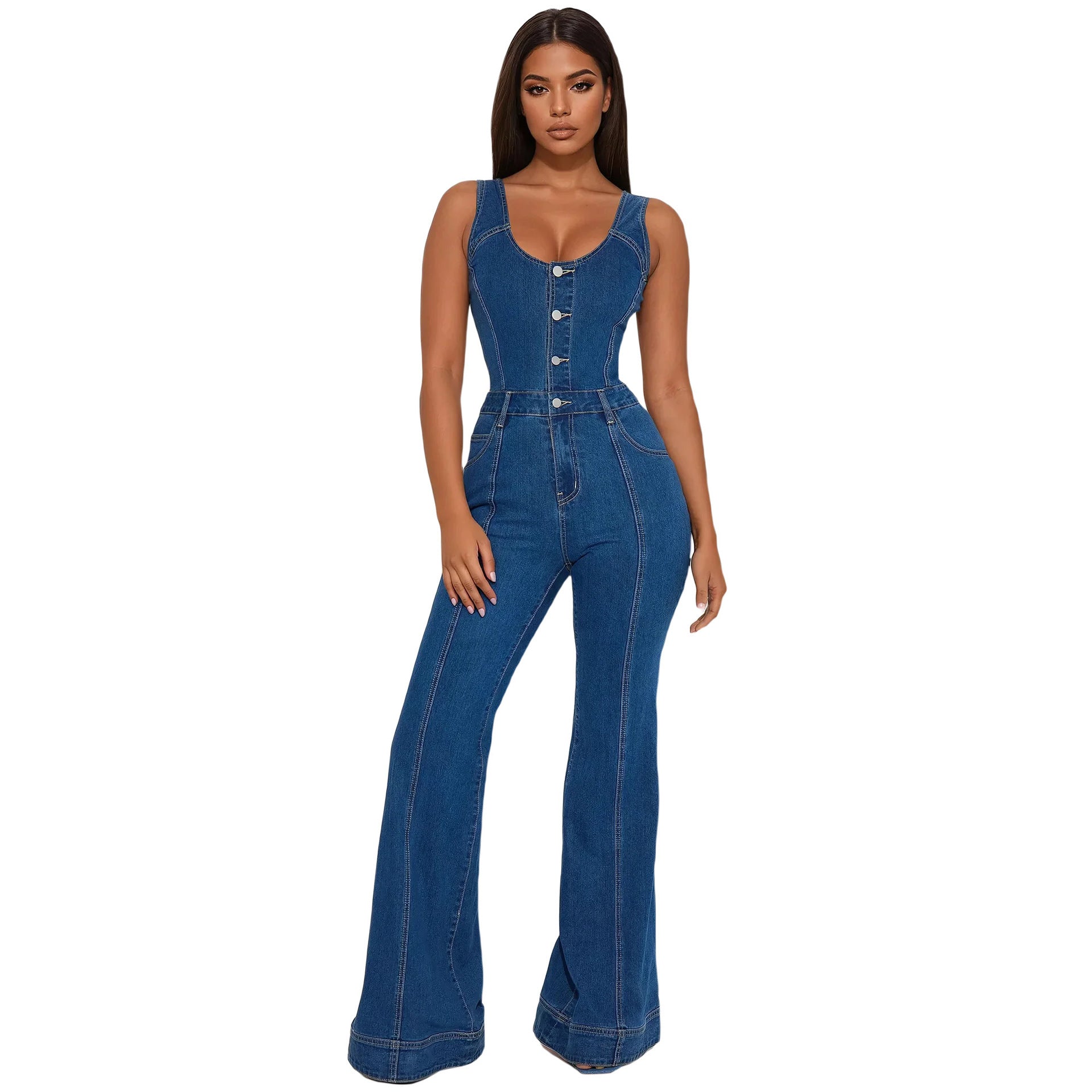 "Daisy Dream" Button-Front Strap Denim Jumpsuit