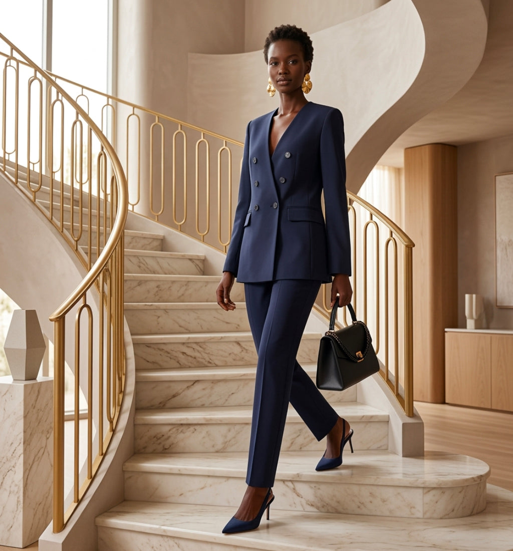 Collarless suit jacket+pants set