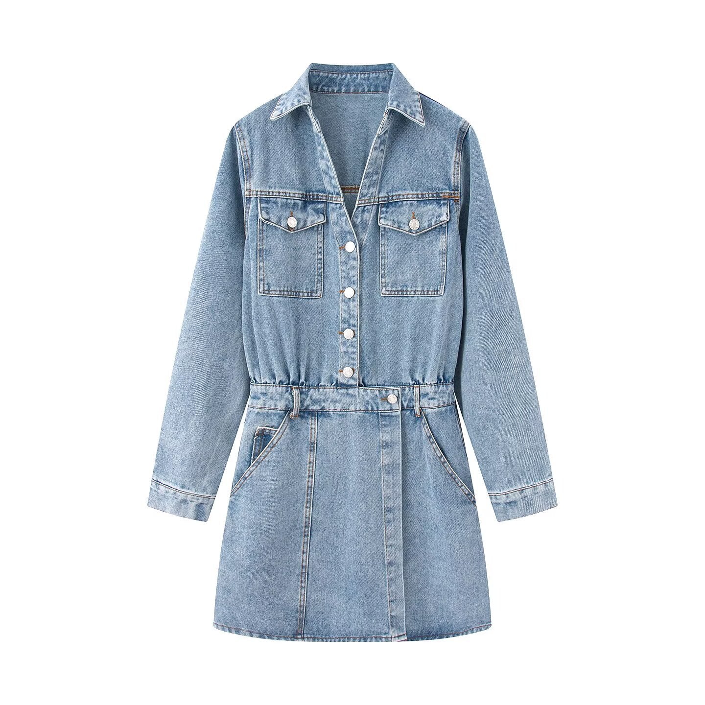 Street long sleeved lapel denim short dress