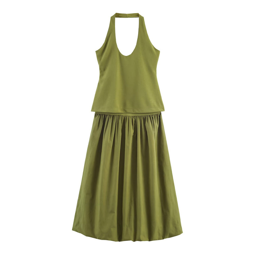 Sage Green Halter Midi Dress with Balloon Hem