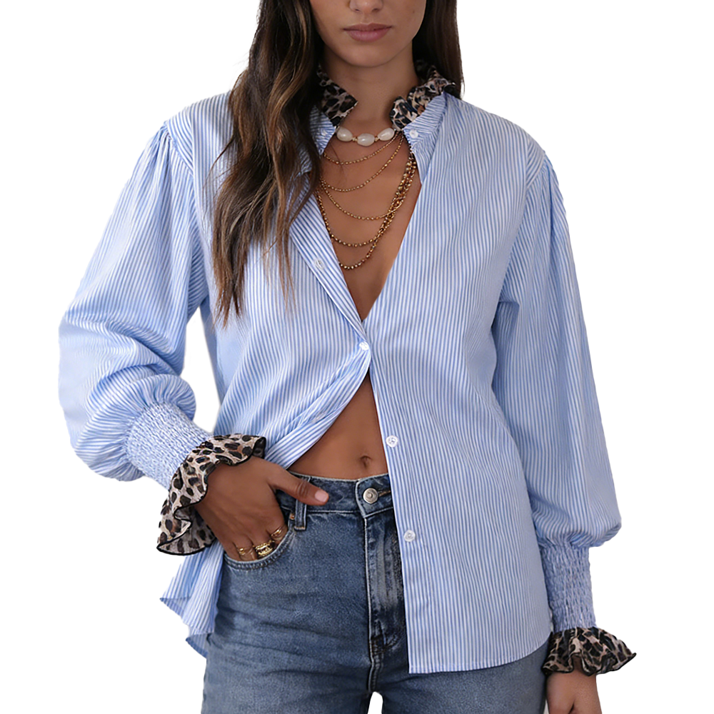 Women's fashionable leopard print lace-trimmed sleeves casual blue and white striped shirt