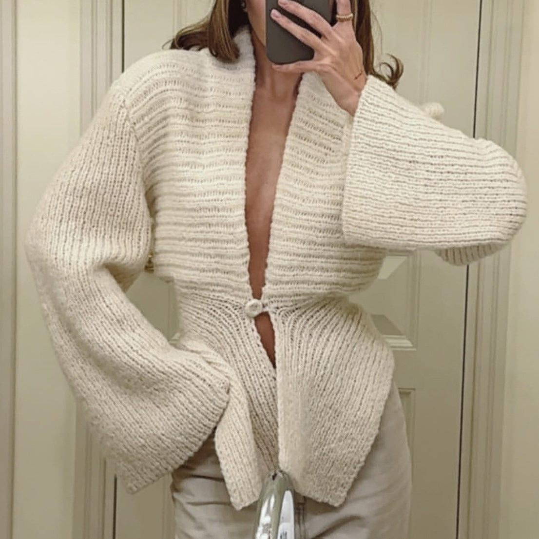 Chic Vintage Knit Cardigan for Women, Solid Color V-Neck Asymmetrical Hem, Sweater Coat