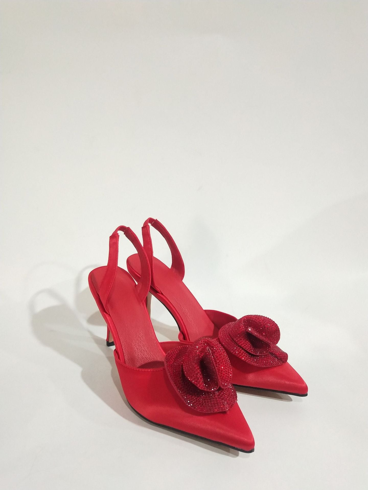 Pointed toe stiletto ultra high heel hollow rose rhinestone satin sandals for women