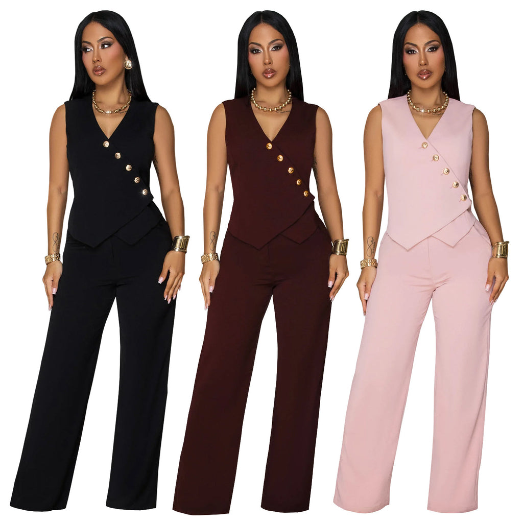Fashion Women's Casual Sleeveless V-Neck Top and Pants Two-Piece Set