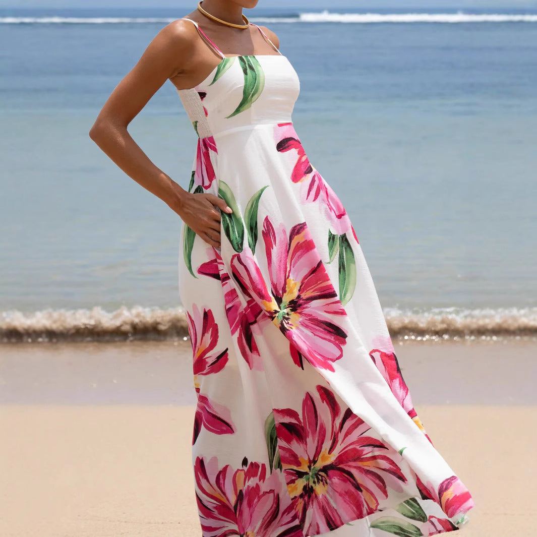 Bohemian Print Large Flower Pocket Maxi Dress