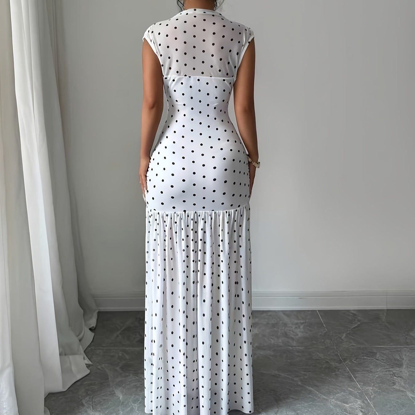 Katie Polka Dot Pleated Fitted Elegant Sleeveless Maxi Dress