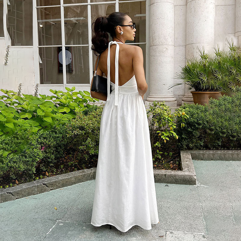 Chic Deep V-Neck Bodice Tie-Back Backless Long Dress for Women
