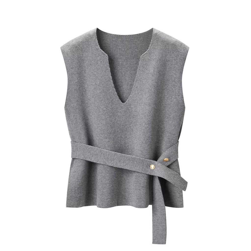 Knitted sleeveless vest with waistband decoration