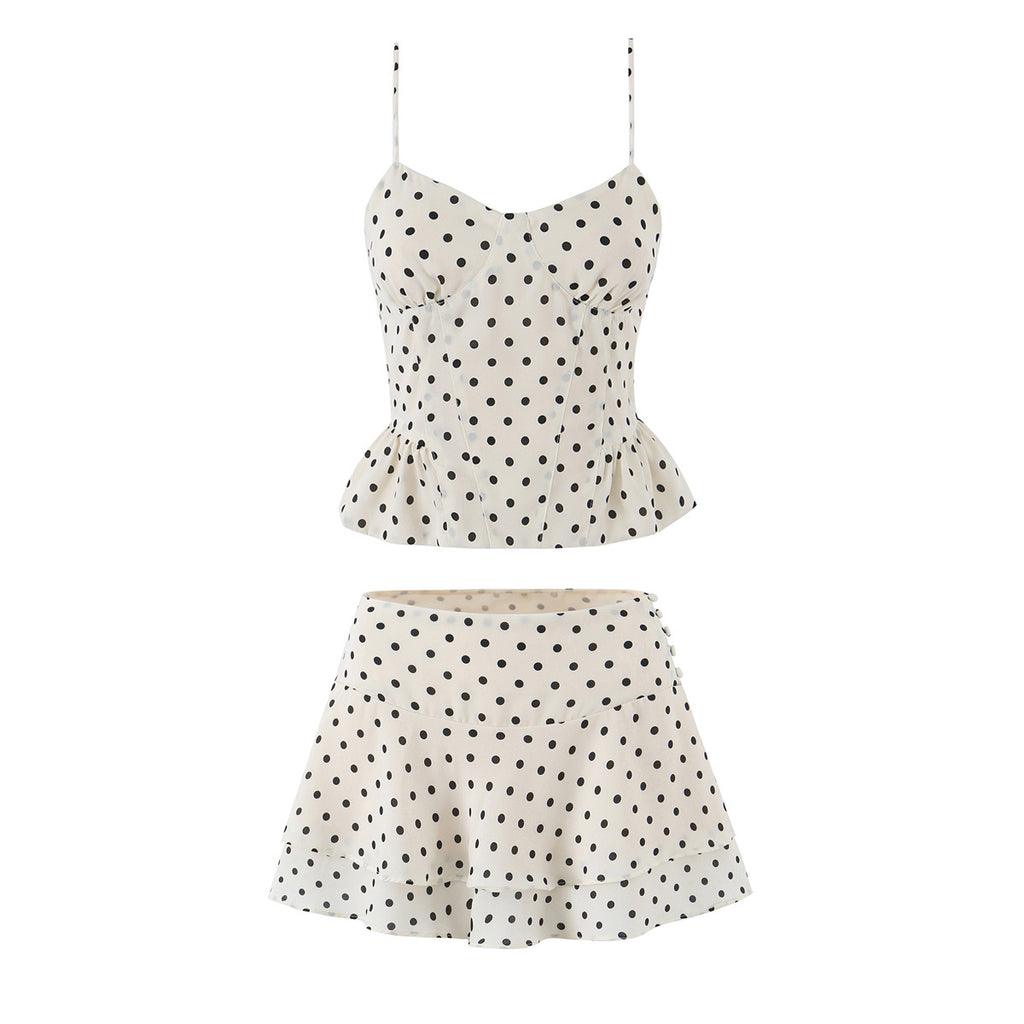 Polka Dot Ruffle Waist Cinch Strap Short Set