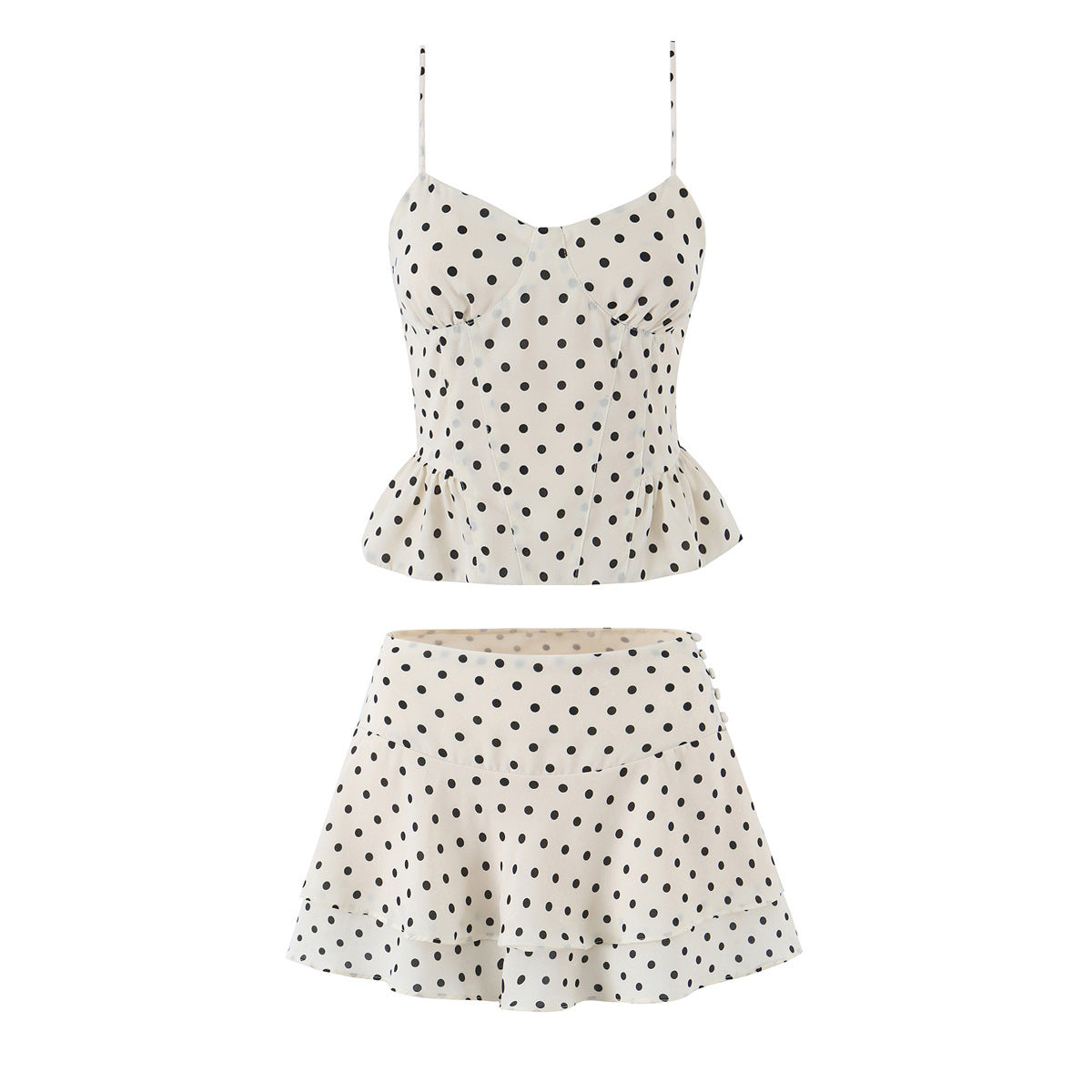 Polka Dot Ruffle Waist Cinch Strap Short Set