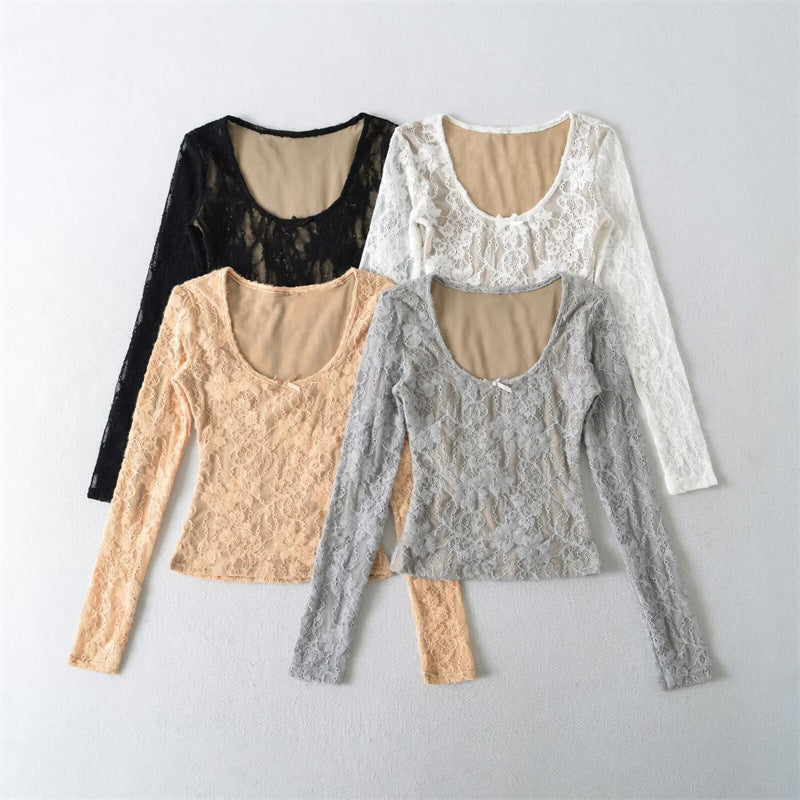 Lace Bow Embroidered Long Sleeve T-Shirt for Women