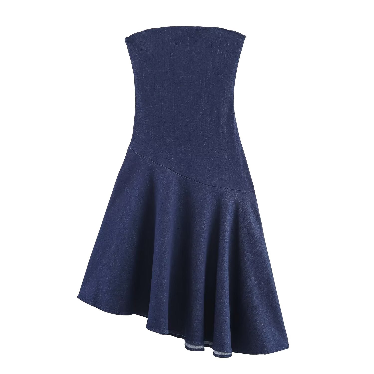 Strapless collar sleeveless asymmetrical denim dress for women
