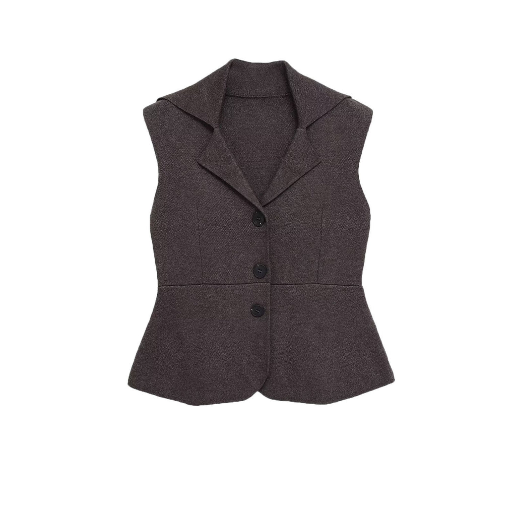 Style Solid Color Sleeveless Turn-down Collar Knit Vest