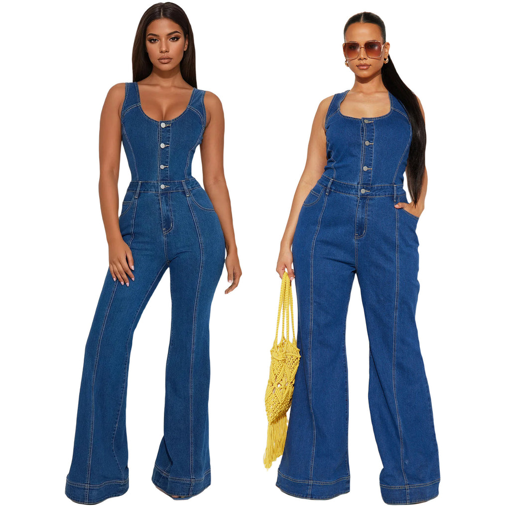 "Daisy Dream" Button-Front Strap Denim Jumpsuit