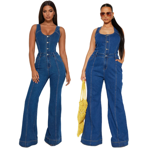 "Daisy Dream" Button-Front Strap Denim Jumpsuit