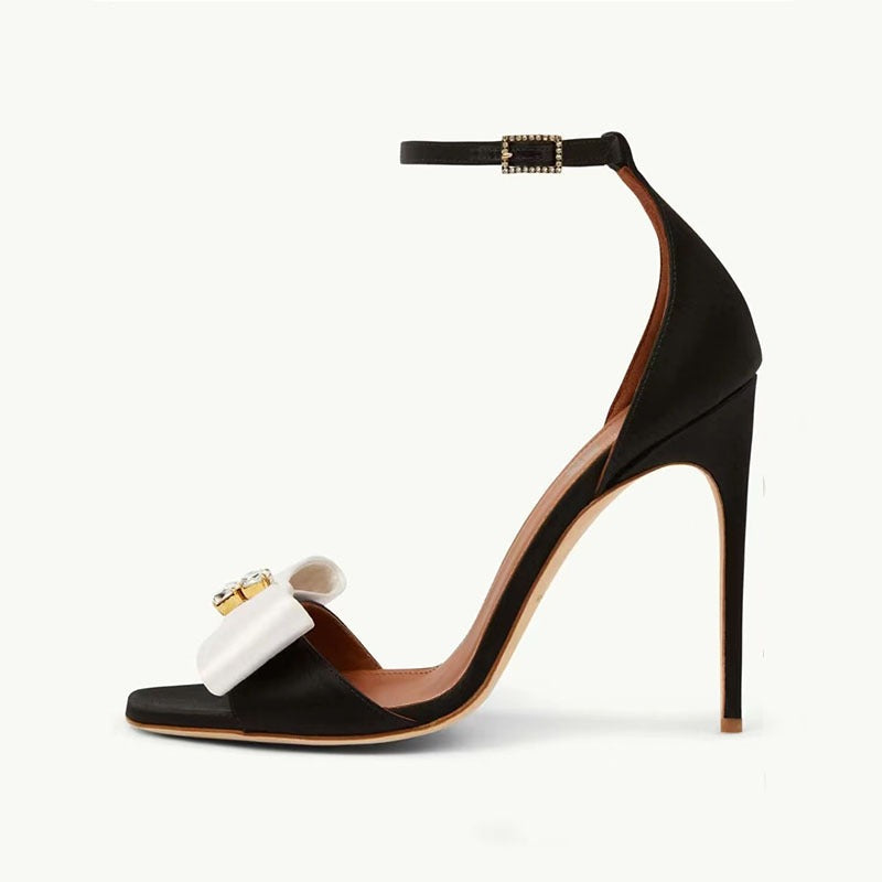 Round Toe Open Toe Slim High Heels For Womens Elegant Bow Knot Rhinestone Belt Buckle Color Matching Summer Fashion Sandals
