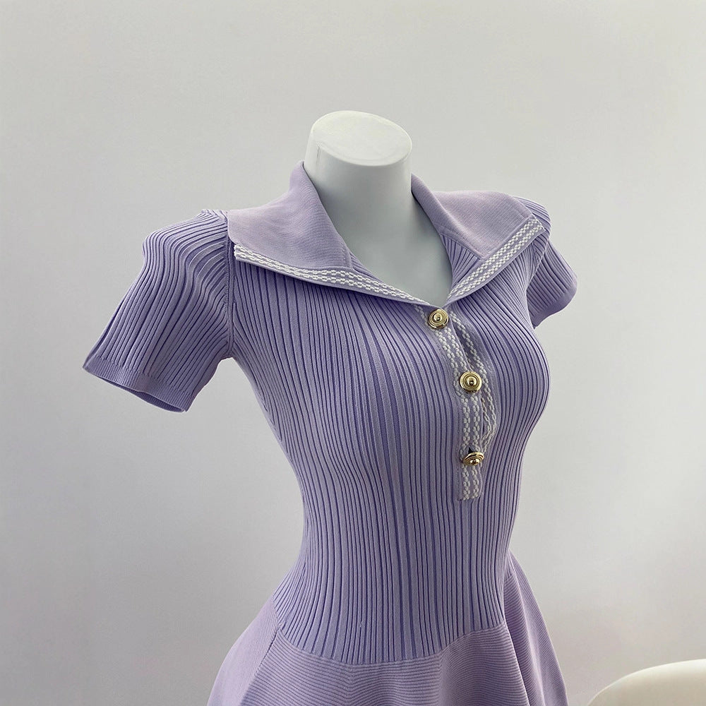 Elegant PurpleShort Sleeve Knit Dress A-Line Flared Skirt