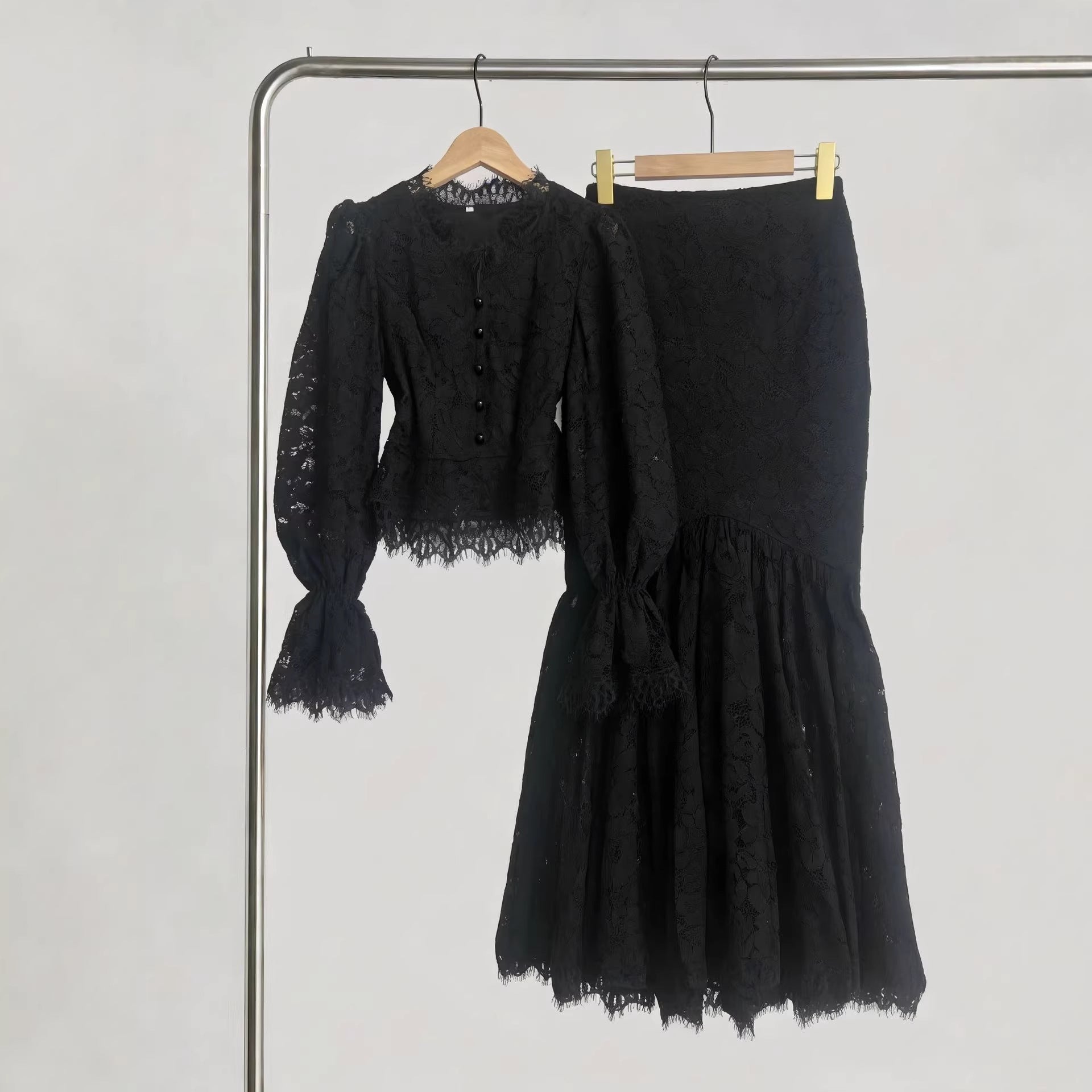 Tailored hip hugging fish tail long skirt+V-neck lace button flared sleeves