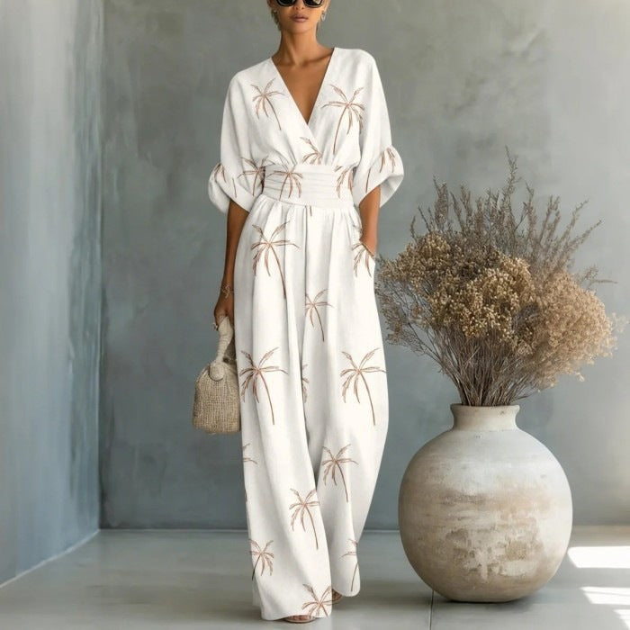 Elegant waist cinched V-neck printed women's jumpsuit