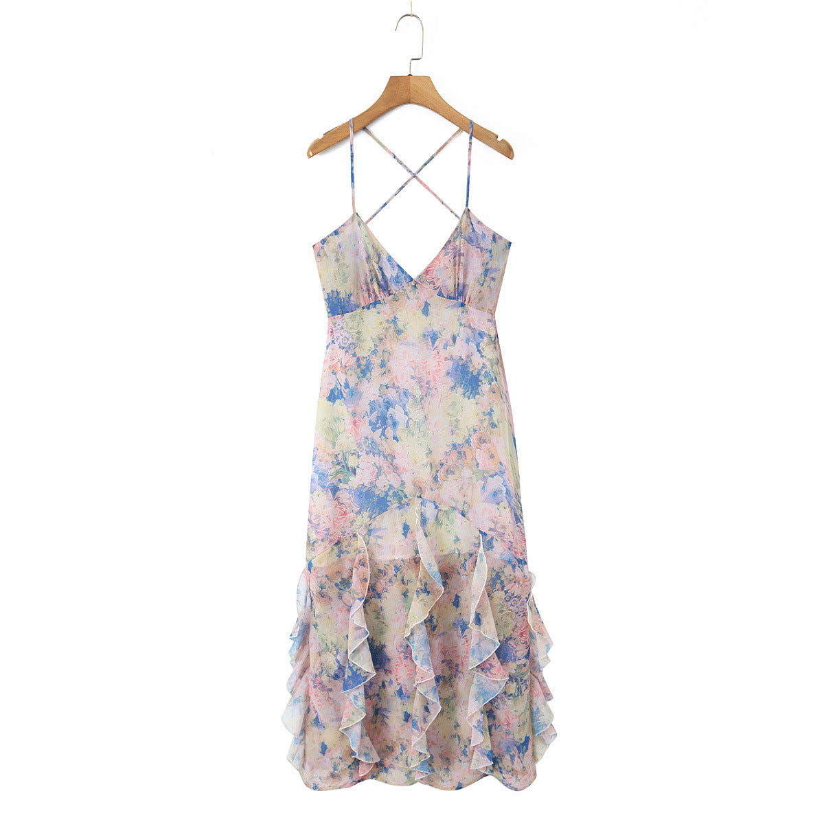 Printed ruffle edge suspender floor length skirt