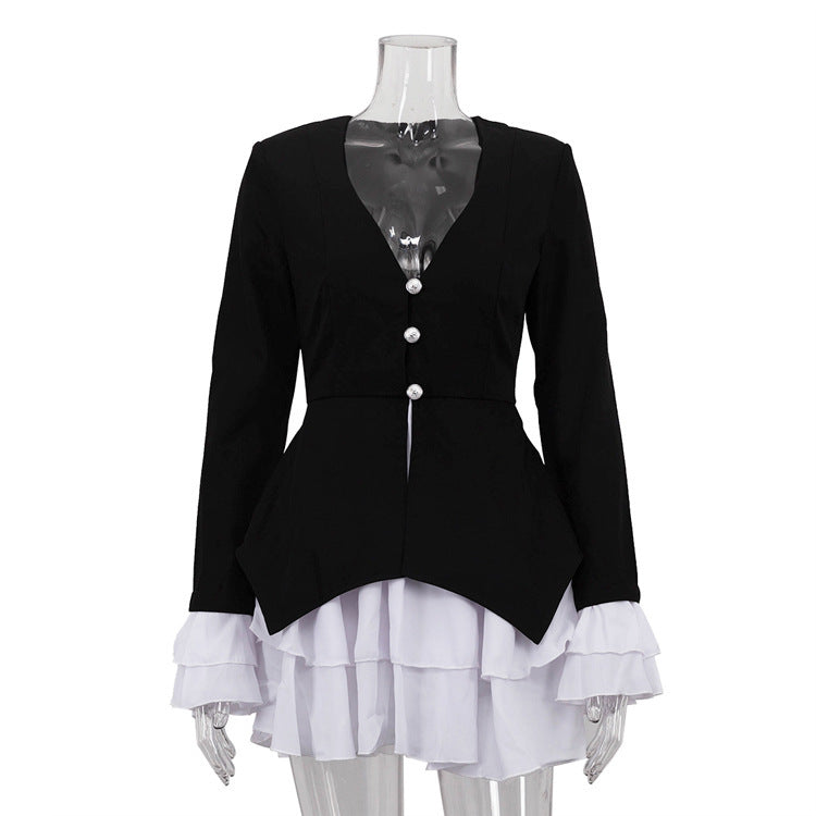 Elegant V-Neck Fitted Ruffle Patchwork Single-Breasted Mock Two-Piece Dress