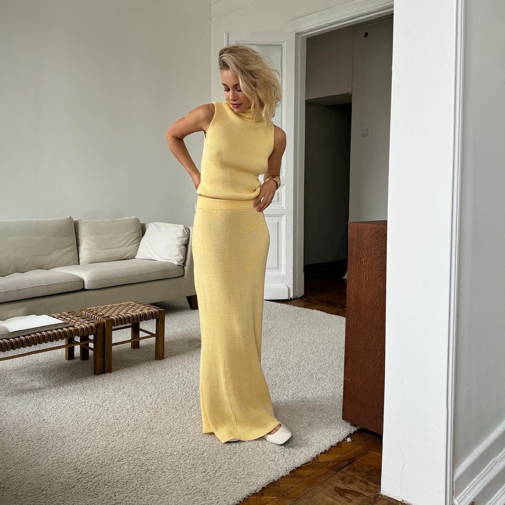 Sleeveless High Neck Knit Vest with Bodycon Long Skirt