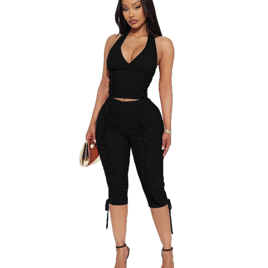 Monica  V-neck halter top with ruched tie, 7/8 pants two-piece set