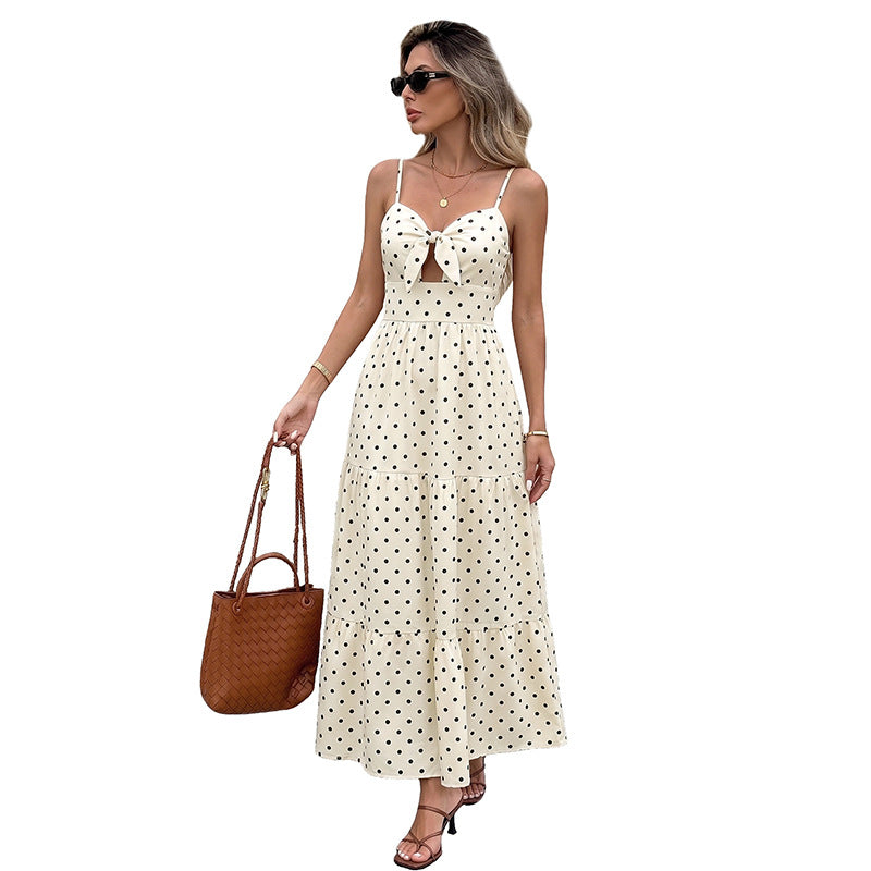 Hollow lace up polka dot suspender dress
