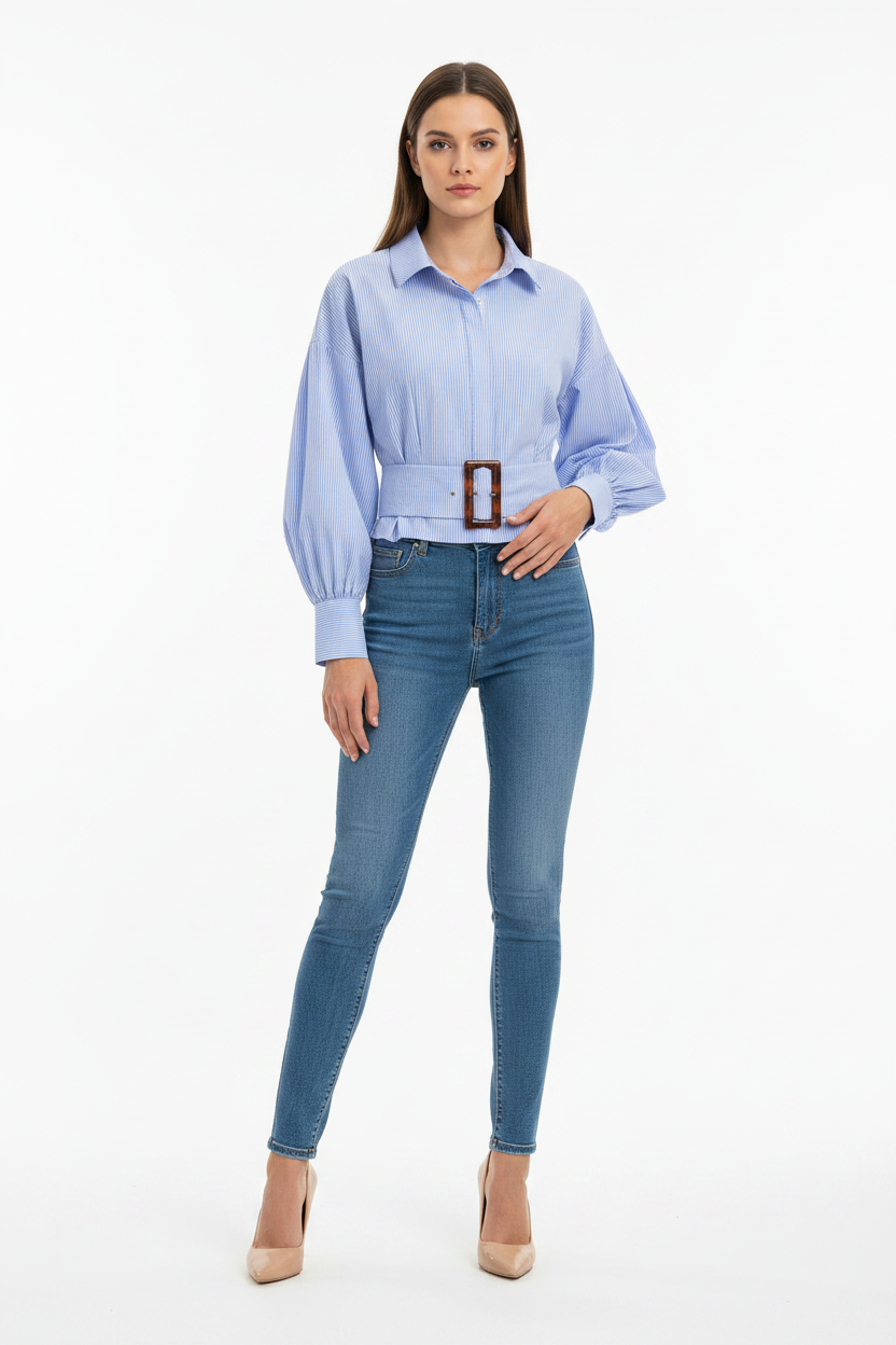 Alexa commuting waist cinching striped shirt