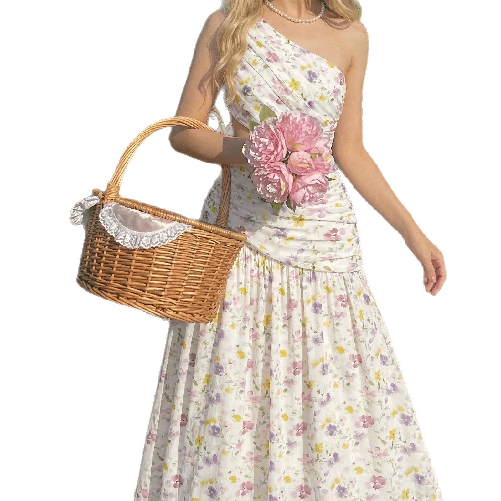 Deborah Floral Print Asymmetric Single Shoulder Cut-Out Pleated A-Line Long Dress
