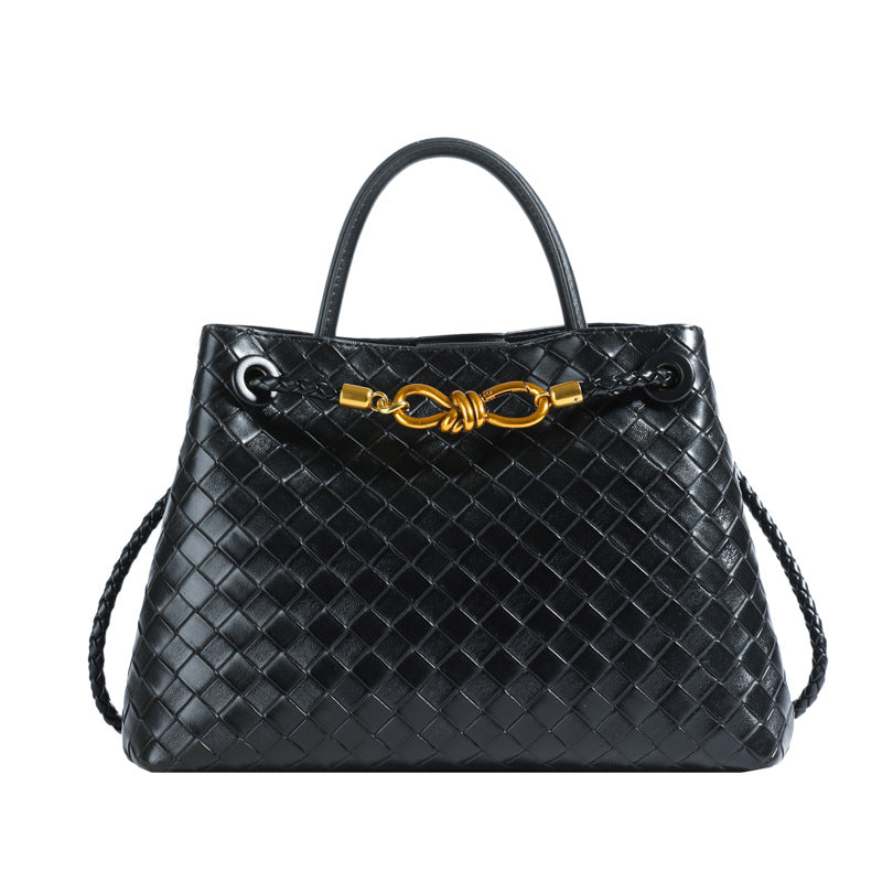 Metal rope buckle woven shoulder bag, fashionable, versatile, retro, commuter bag for women.