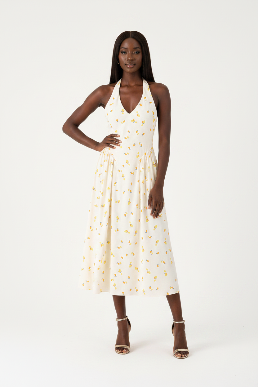 Leah Flower Chiffon Strapless Neckline Midi Dress