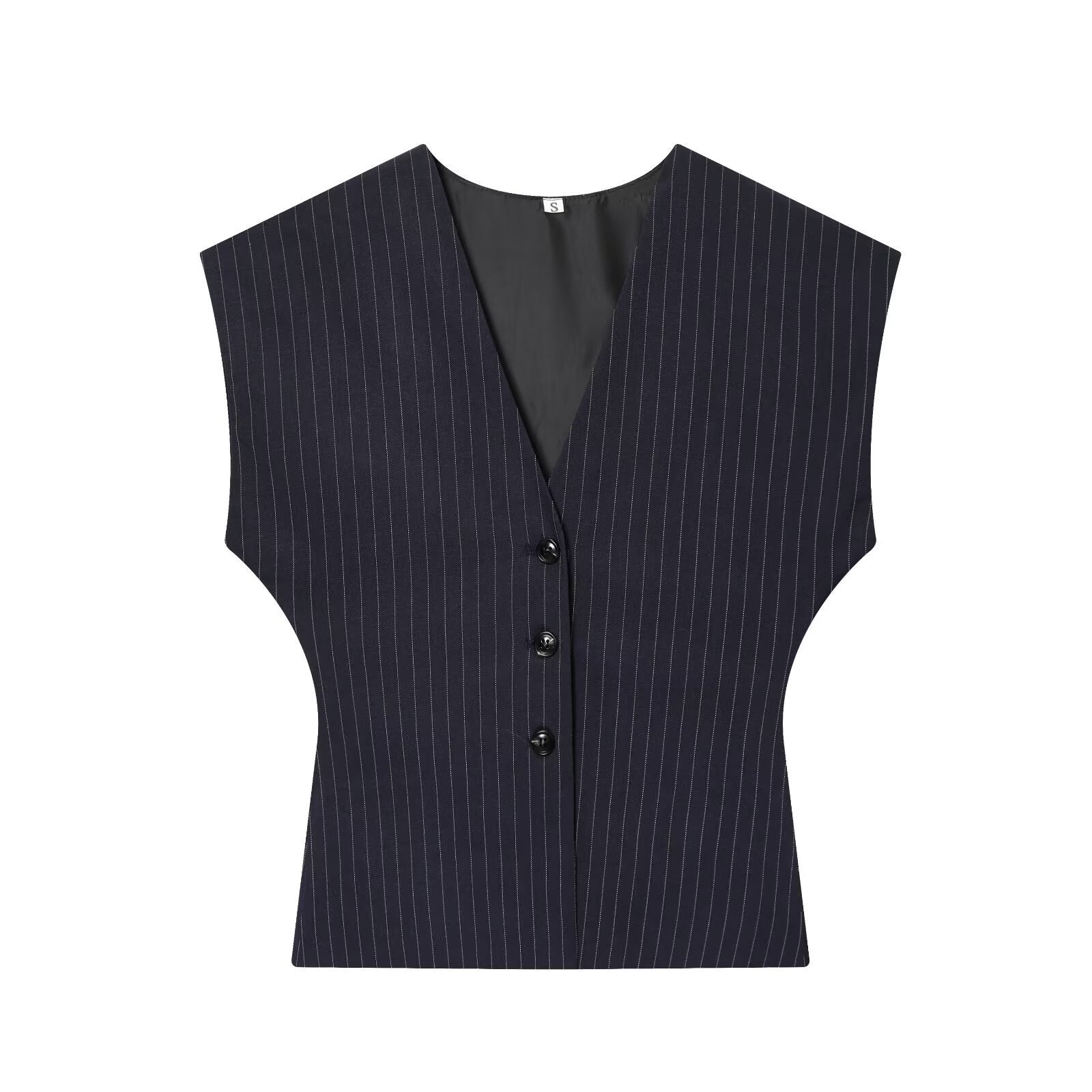 Style Women's V-Neck Wide Sleeve Fine Stripe Vest with High Waist Plea