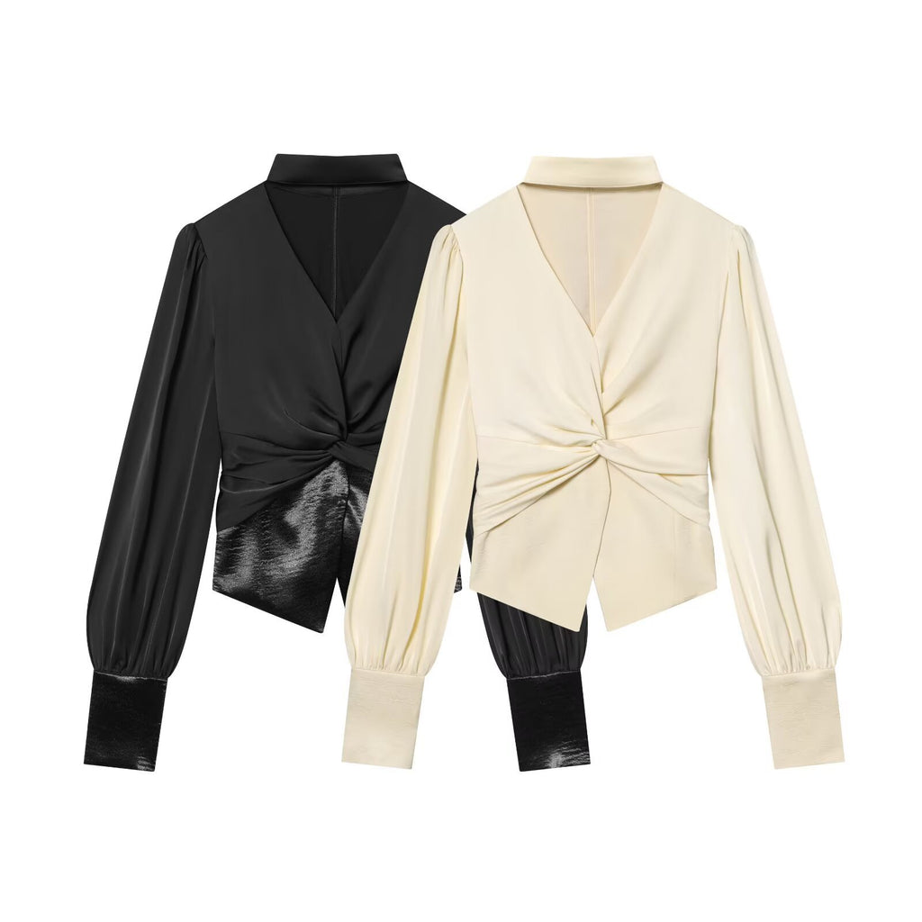 V-neck hanging neck patchwork long sleeved shirt