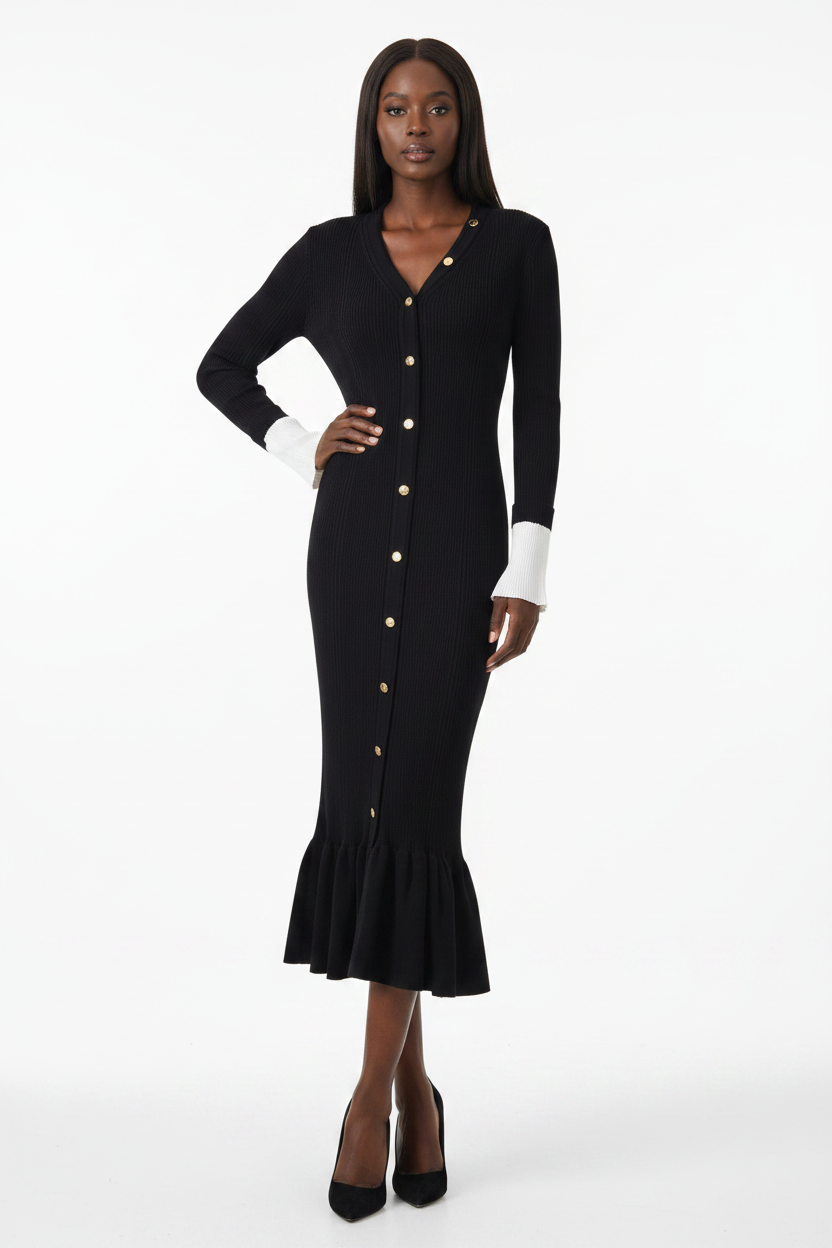 Nella Long Sleeve V-Neck Fish Tail Dress