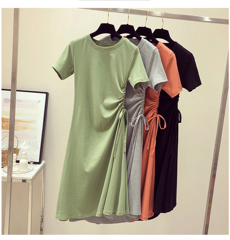 Avocado Green Dress Summer New Style Ins Fitted Slimming Drawstring Charming  Student T-Shirt Dress for Women