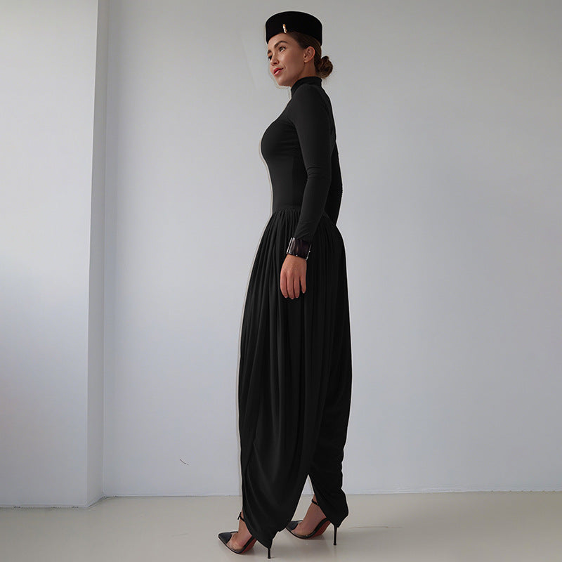 Style street fashion creative high-neck long sleeve gathered patchwork jumpsuit for women