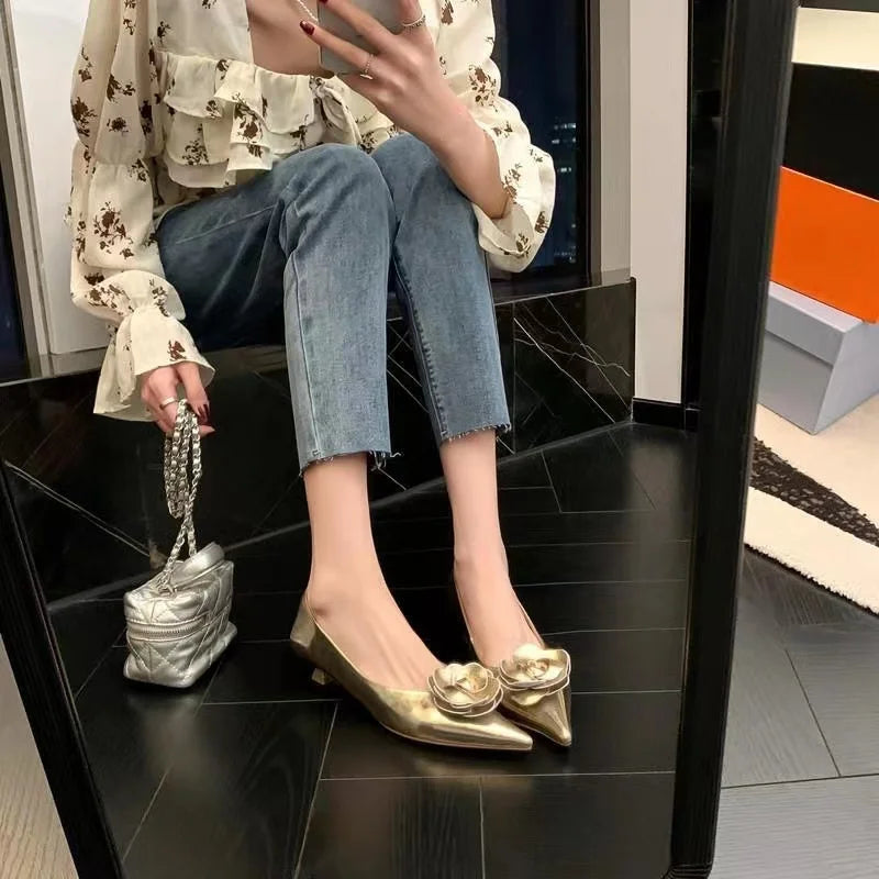 Champagne Rose Pointed Shallow Mouth Mid Heel Kitten Track Shoes Girl