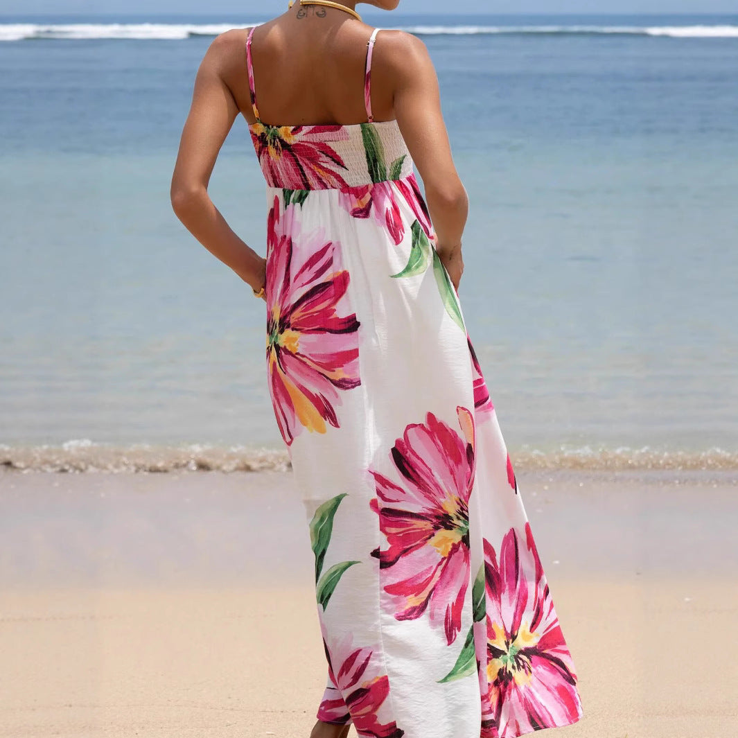 Bohemian Print Large Flower Pocket Maxi Dress