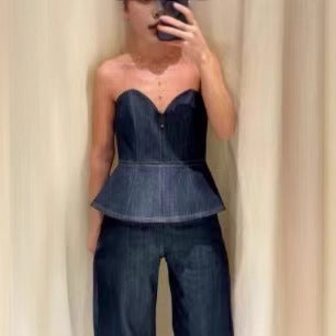 Casual Versatile Denim Patchwork Hoodie  Pants Set