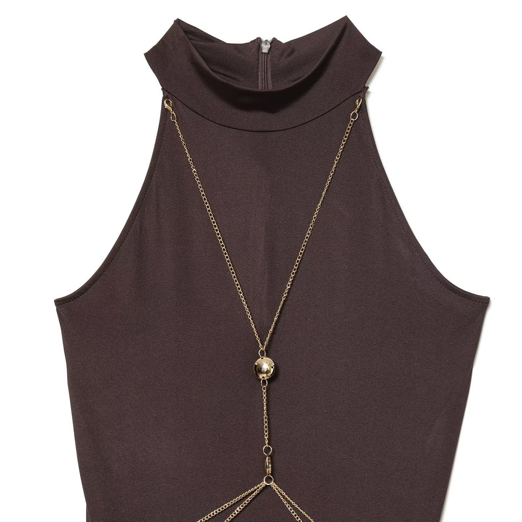 Chain decoration hanging neck collar dress
