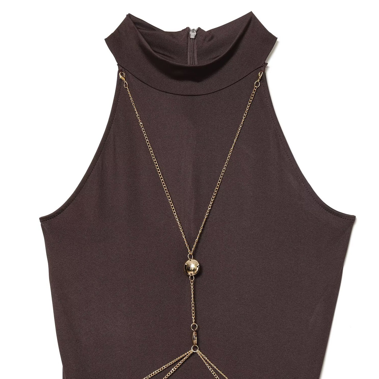 Chain decoration hanging neck collar dress