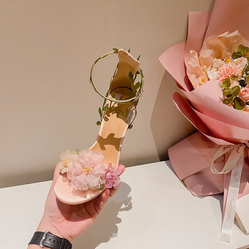 Emily Pink pastoral chiffon flower fantasy high heels one-line vine strap sandals