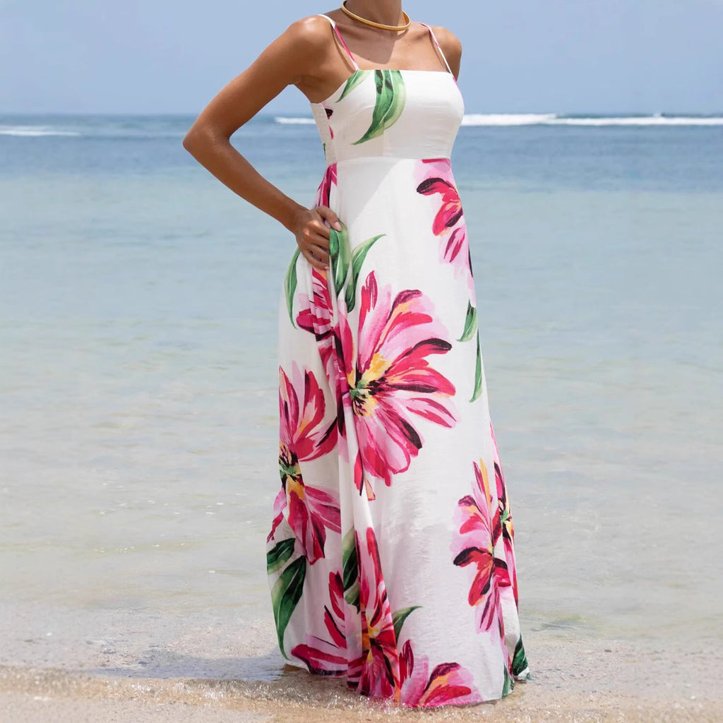 Bohemian Print Large Flower Pocket Maxi Dress
