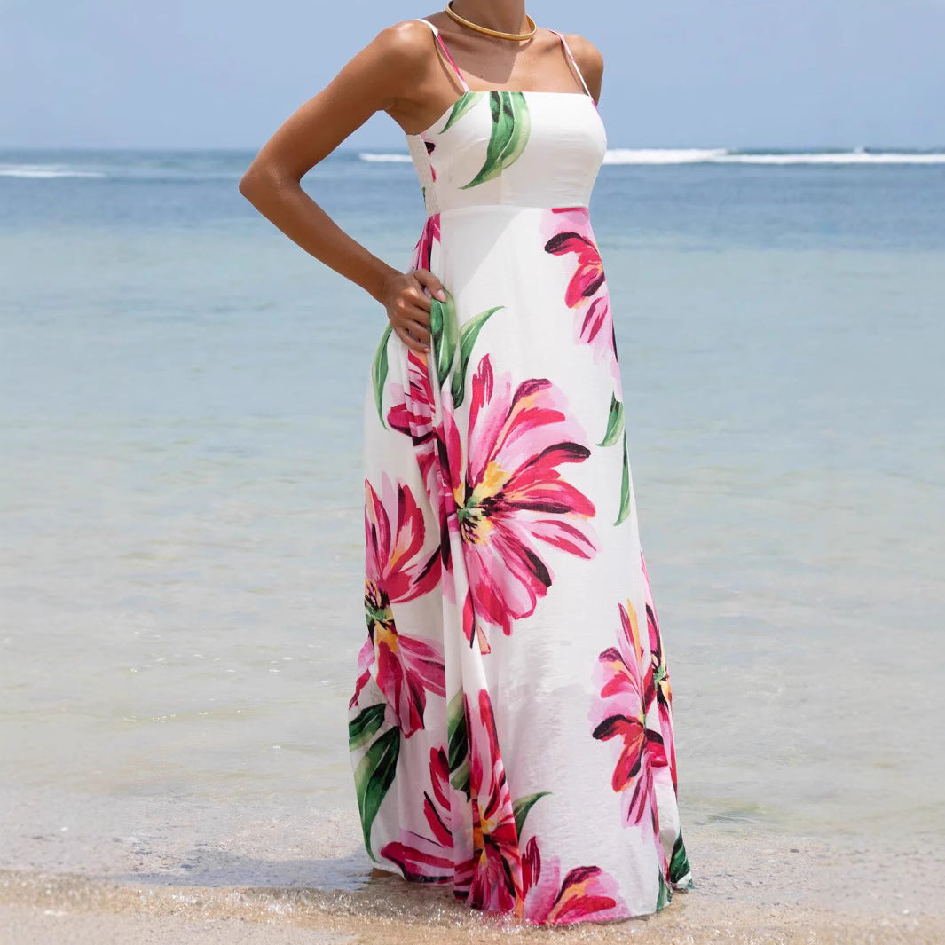 Bohemian Print Large Flower Pocket Maxi Dress