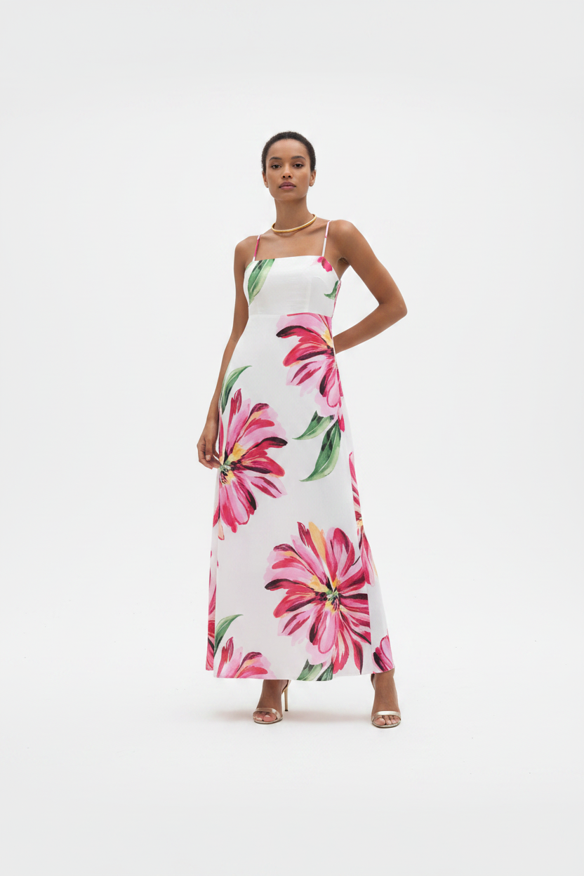 Bohemian Print Large Flower Pocket Maxi Dress