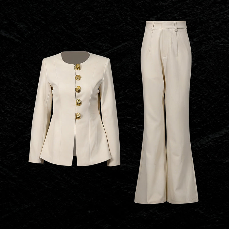 Round neck single row metal buckle short top+micro flared pants two-piece set