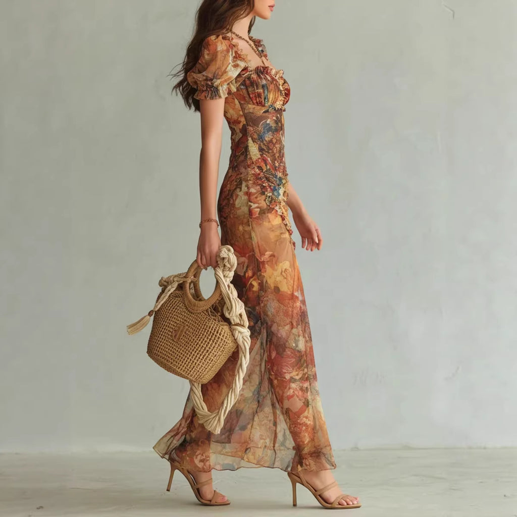 V-neck waist cinched ruffle edge dress
