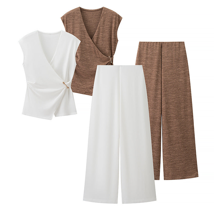 Pin texture sleeveless top+pants set