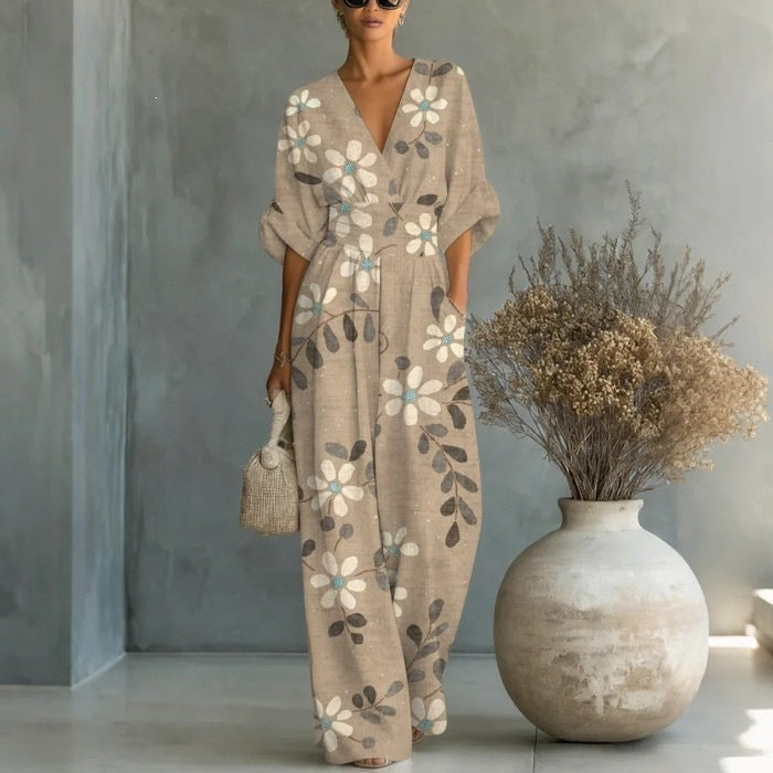 Elegant waist cinched V-neck printed women's jumpsuit
